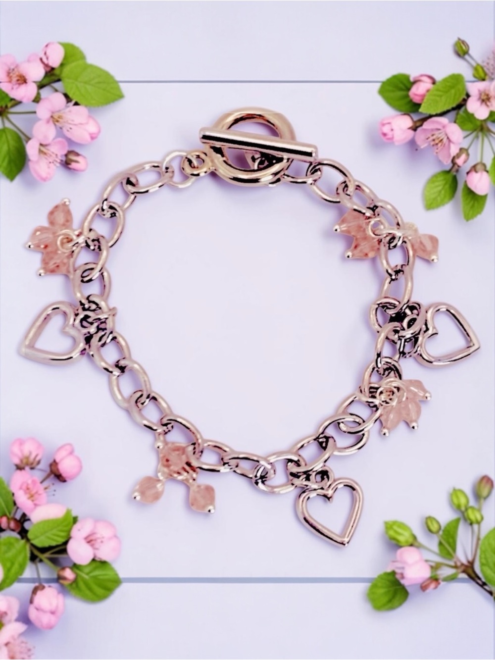 3 Heart Silver Tone With Pink Crystals Toggle Bracelet Valentine